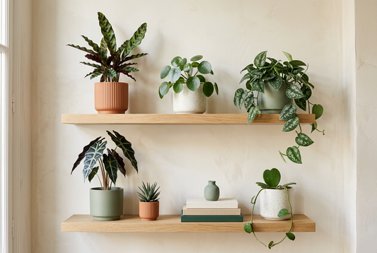 Plant styling et règle de trois : étagères en chêne avec Calathea, Pilea, Scindapsus, Alocasia, Haworthia et Hoya