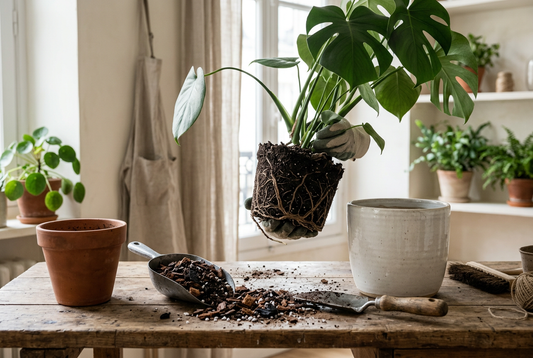 Rempotage d'un Monstera sur un établi en bois : motte de racines, substrat pour aroïdes et nouveau pot en céramique