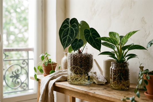 Culture en semi-hydro : Anthurium et Philodendron en pots transparents avec billes d'argile et racines visibles